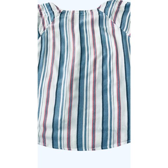 CHICO'S LONG BELL RAGLAN SLV BUTTON DOWN V-NECK BLOUSE, BLUE PINK BLACK STRIPE - Picture 5 of 11